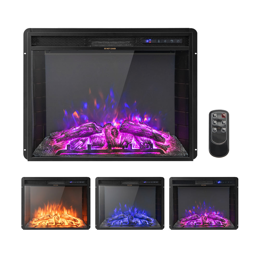 Recessed 26-inch electric fireplace with adjustable flame brightness, featuring realistic resin logs and remote control.