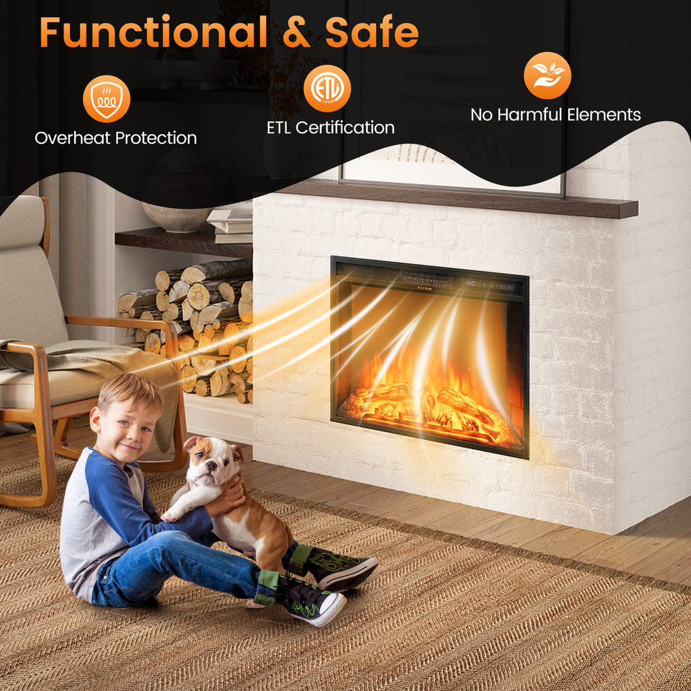 26-inch recessed electric fireplace with adjustable flame brightness, realistic resin logs, and overheat protection for.