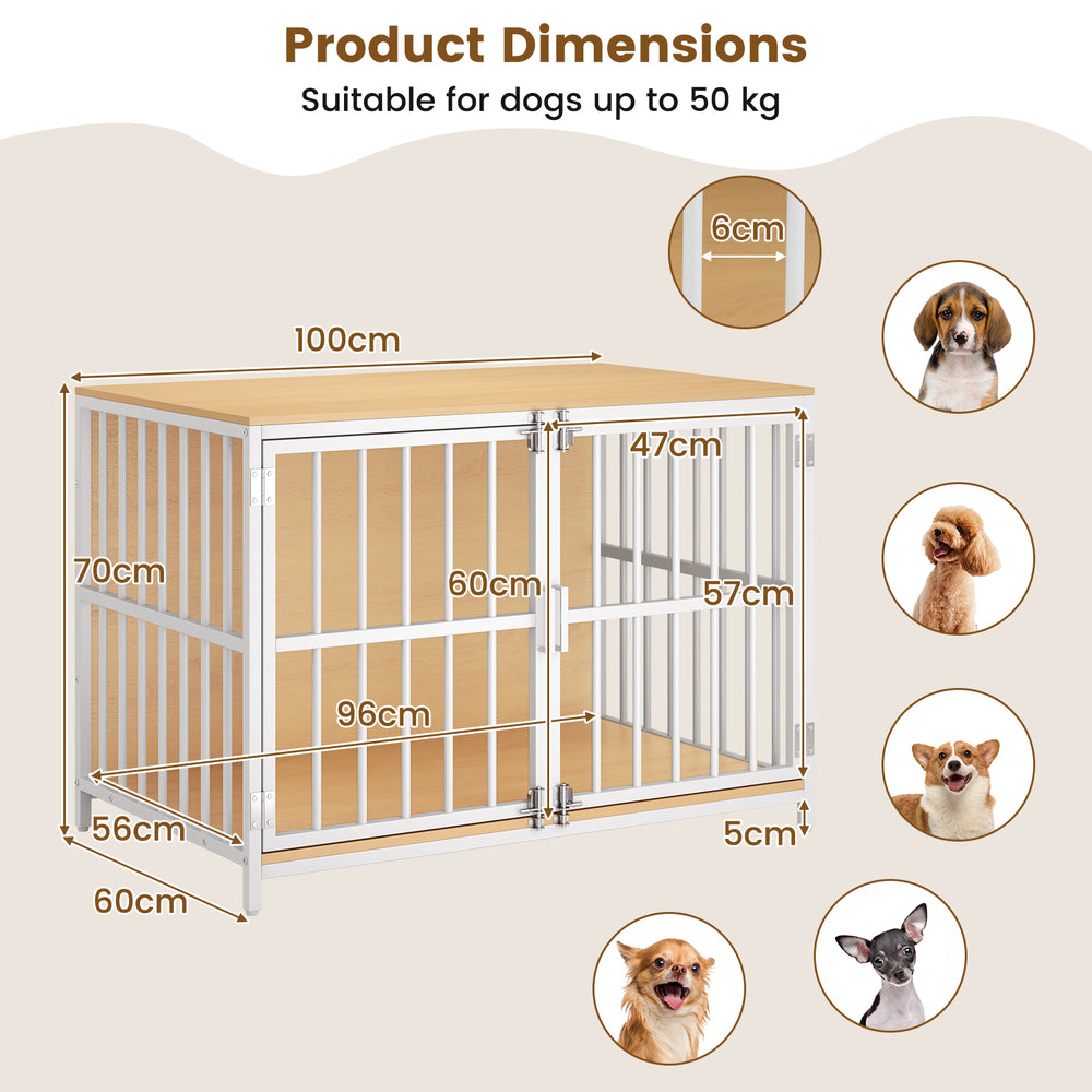 Dog crate furniture with dual lockable doors, natural wood finish, dimensions 100x70x60 cm, suitable for dogs up to 50.