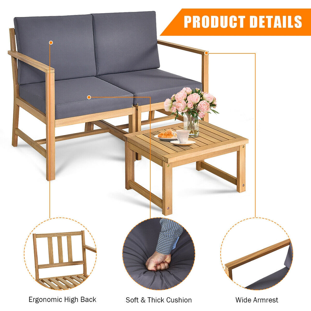 3-in-1 acacia wood loveseat with separable coffee table, featuring thick cushions, ideal for outdoor relaxation.