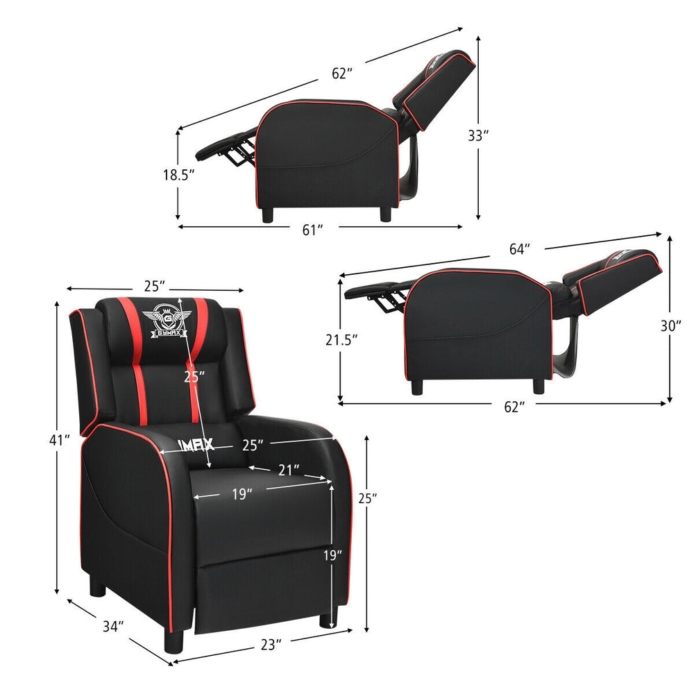 Single red massage gaming recliner chair with adjustable backrest, footrest, and ergonomic armrests for ultimate.