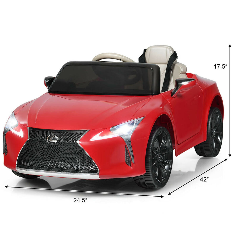 Red Lexus LC500 kids ride-on car with remote control, featuring spring suspension and LED lights for safe outdoor fun.