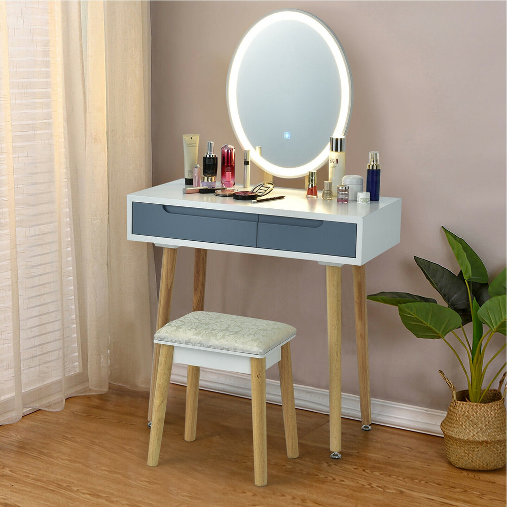 Touch Screen Vanity Makeup Table Stool Set with Lighted Mirror-Gray - Gallery View 1 of 12