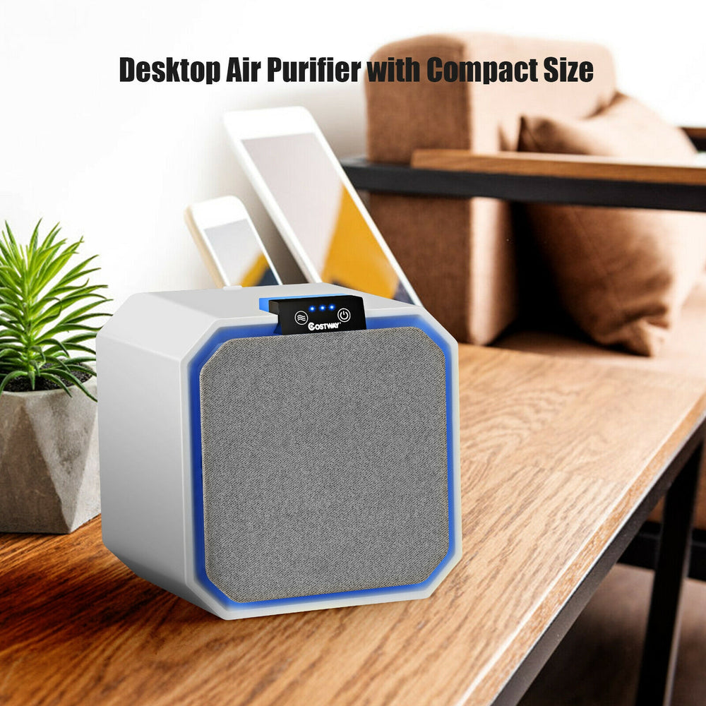 Compact desktop HEPA air purifier with 3 fan speeds and touch panel, ideal for home and office use.