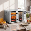 French door convection toaster oven with 26.4 qt capacity, 11 presets, and easy-to-read LED display for convenient cooking.