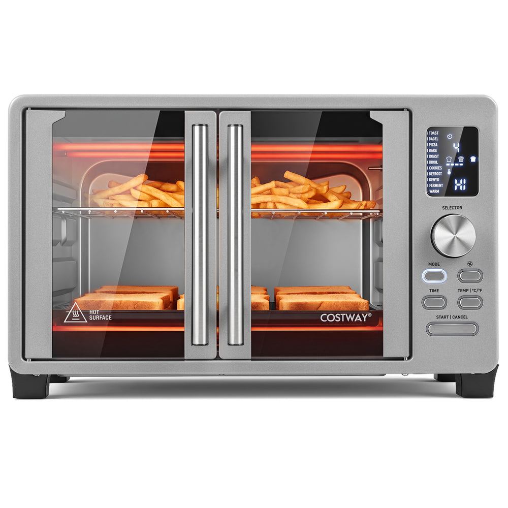 26.4 quart French door convection toaster oven with dual heating elements and 11 presets for convenient cooking.
