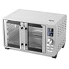 26.4 quart silver convection toaster oven with French doors, 11 presets, and LED display for easy cooking and monitoring.
