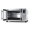 26.4 quart silver French door convection toaster oven with 11 presets and easy-to-read LED display for convenient cooking.