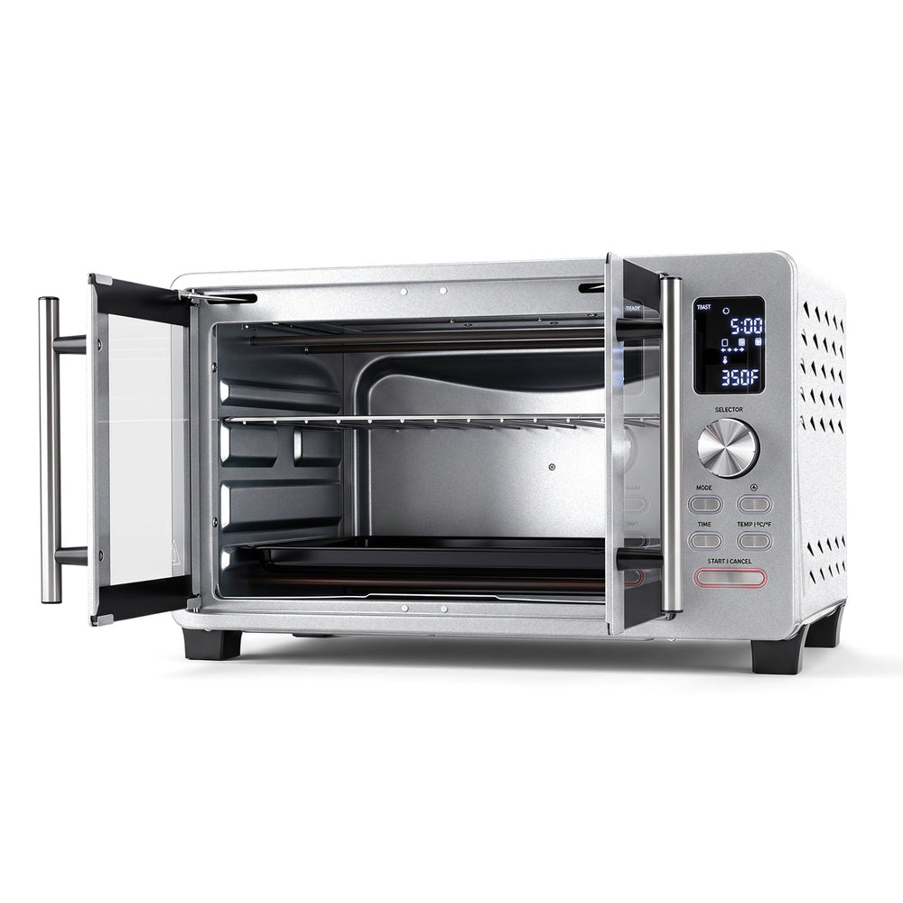 26.4 quart silver French door convection toaster oven with 11 presets and easy-to-read LED display for convenient cooking.
