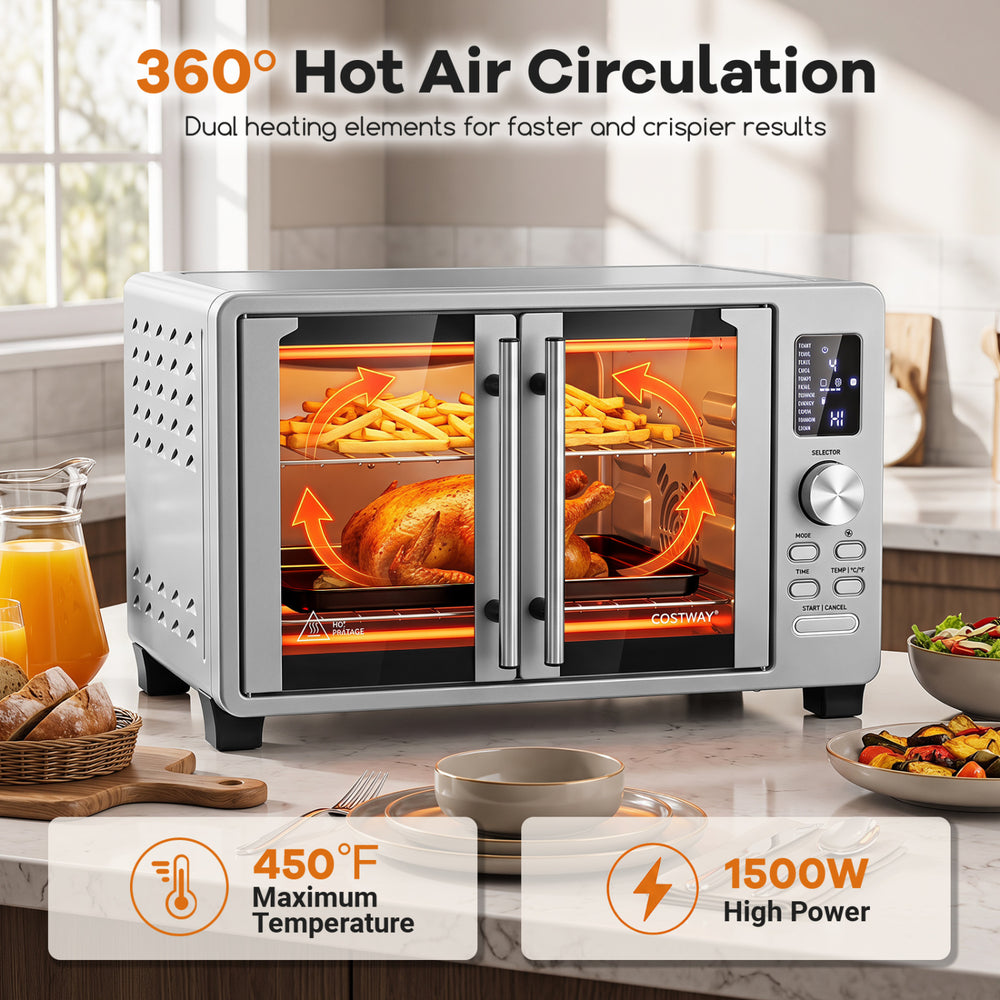 26.4 quart silver convection toaster oven with French doors, dual heating elements, and 11 preset cooking modes for convenience.