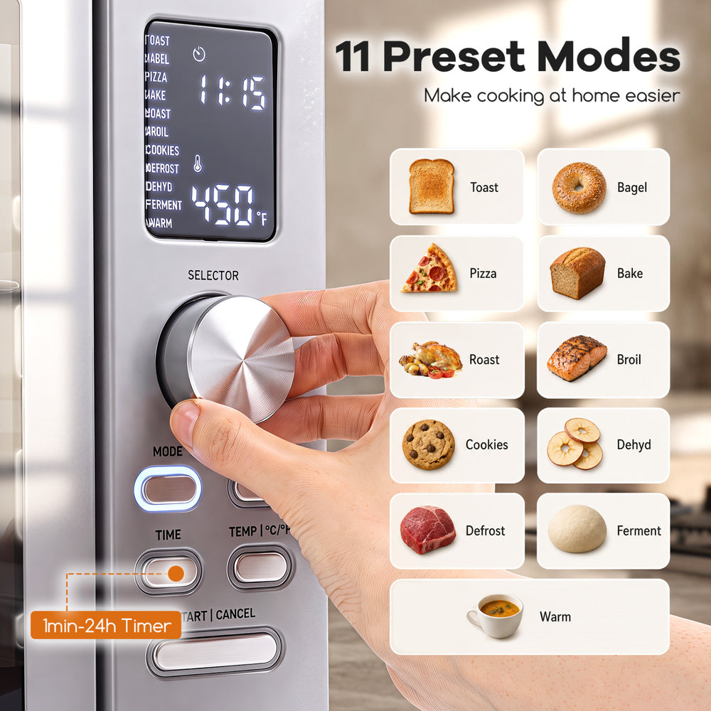 Close-up of the control knob on a silver 26.4 Quart French Door Convection Toaster Oven featuring 11 preset cooking modes.