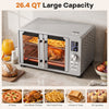 26.4 QT French door convection toaster oven with dual heating, 11 presets, and easy-to-read LED display for family meals.