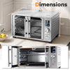 26.4 quart French door convection toaster oven in silver with dual heating elements and 11 preset cooking modes for convenience.