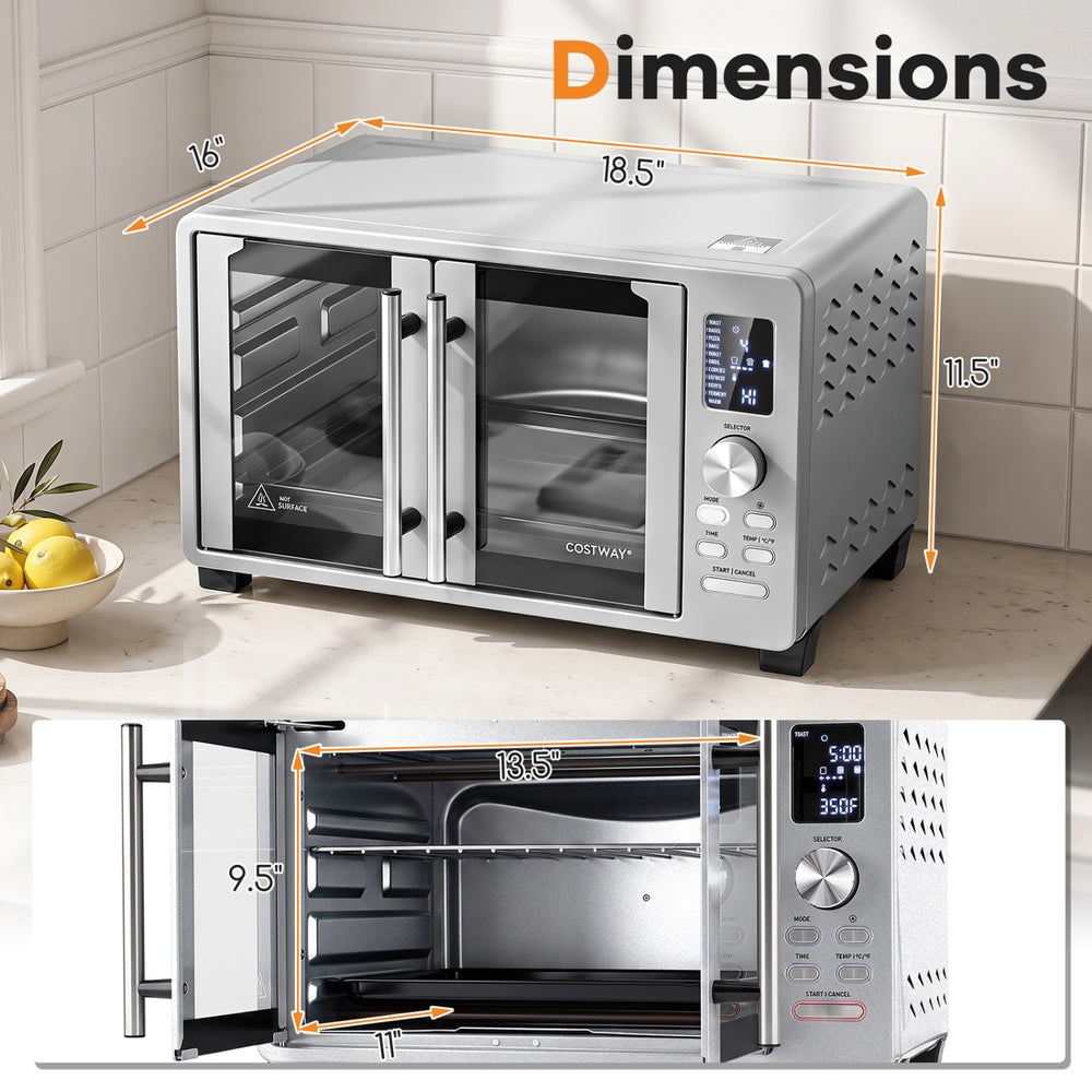 26.4 quart French door convection toaster oven in silver with dual heating elements and 11 preset cooking modes for convenience.