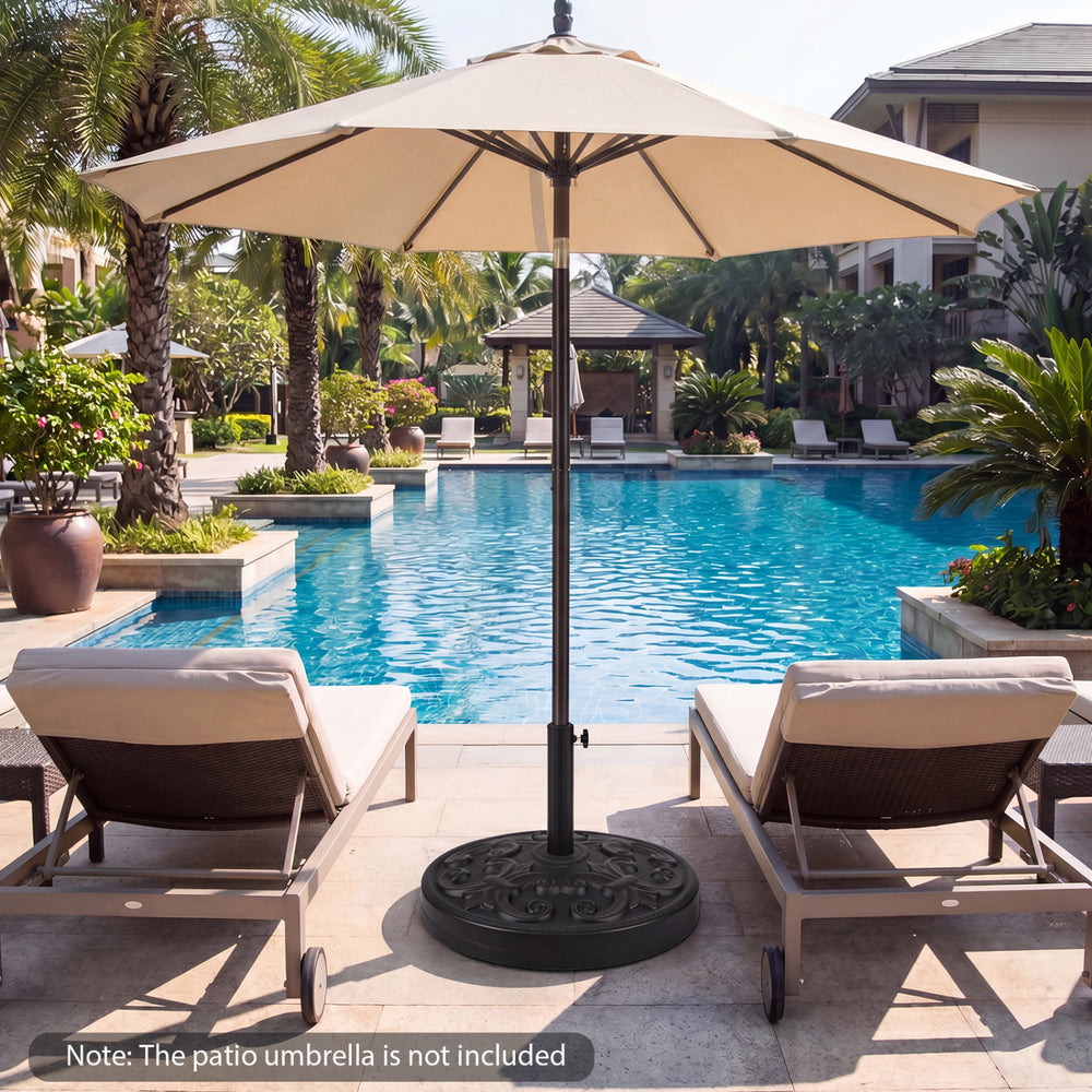 Heavy-duty 26.5 lbs round umbrella stand with adjustable knob, featuring an exquisite iris pattern for patio use.