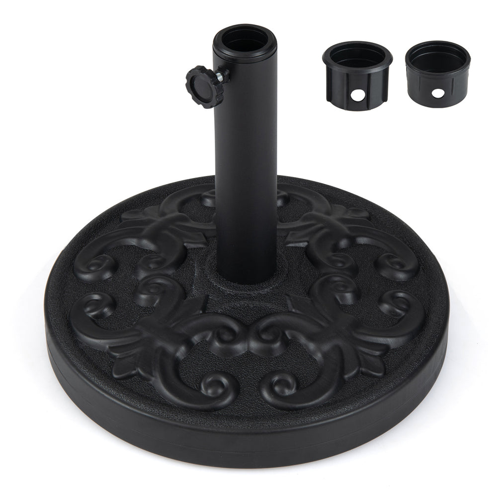 Heavy-duty round umbrella stand with adjustable knob, 26.5 lbs concrete base, features elegant iris pattern for patio.