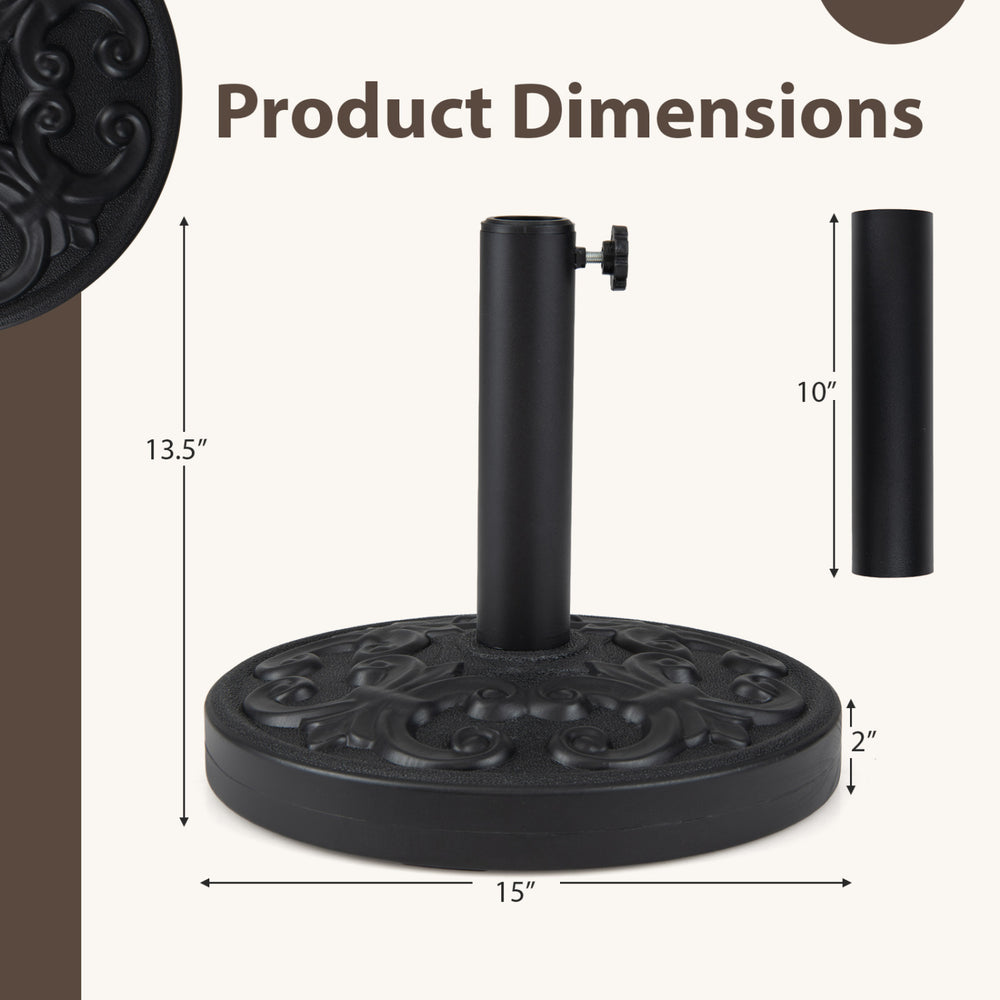 Heavy-duty round umbrella stand with adjustable knob, 26.5 lbs, for 8-9 ft patio umbrellas, featuring an exquisite iris.