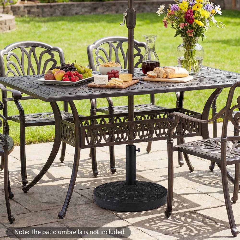Heavy-duty 26.5 lbs round umbrella stand with adjustable knob and iris pattern, perfect for 8-9 ft patio umbrellas.
