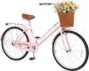 26-inch pink beach cruiser bike for women featuring a woven basket, rear rack, and ergonomic seat for comfortable rides.