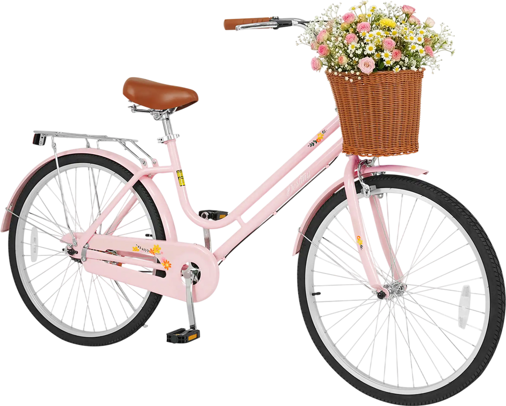 26-inch pink beach cruiser bike for women featuring a woven basket, rear rack, and ergonomic seat for comfortable rides.