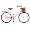 26-inch pink beach cruiser bike for women featuring a woven basket, rear rack, and ergonomic seat for comfortable.