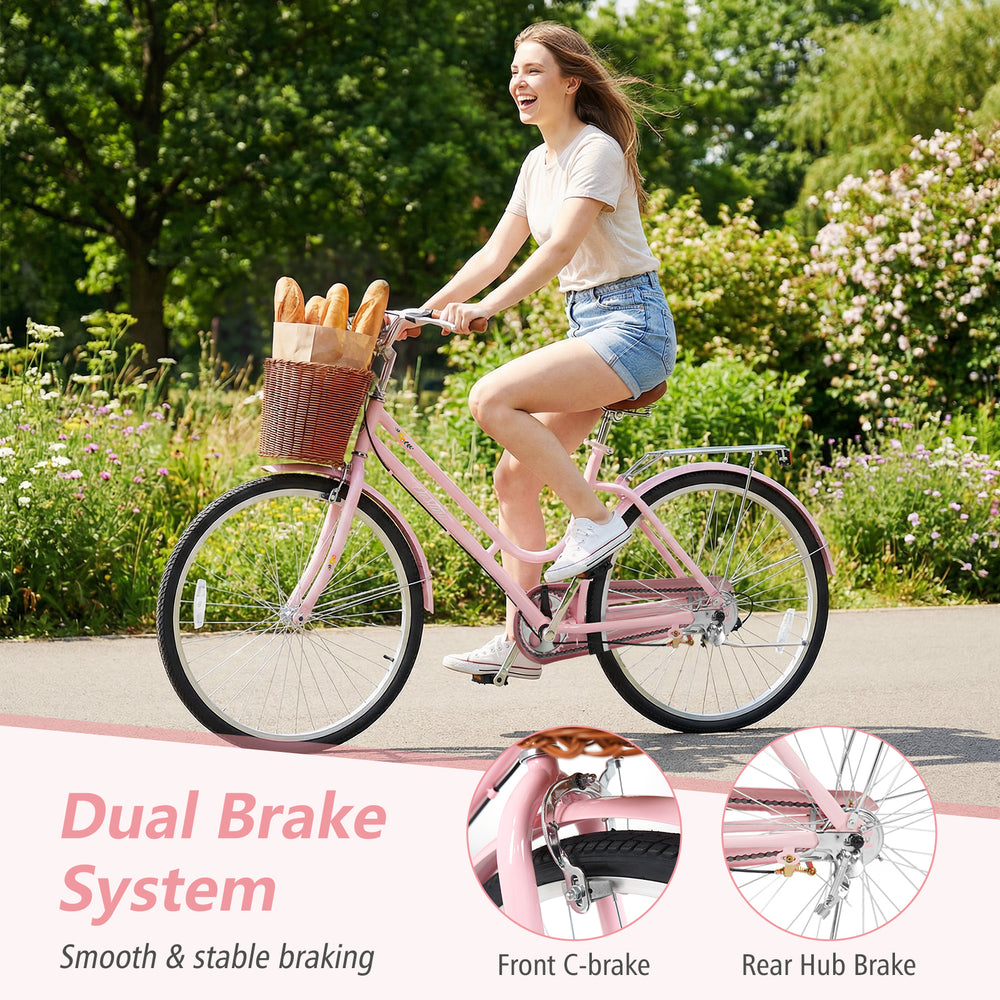 26-inch pink beach cruiser bike with woven basket, dual brakes, and rear rack for stylish and stable riding.