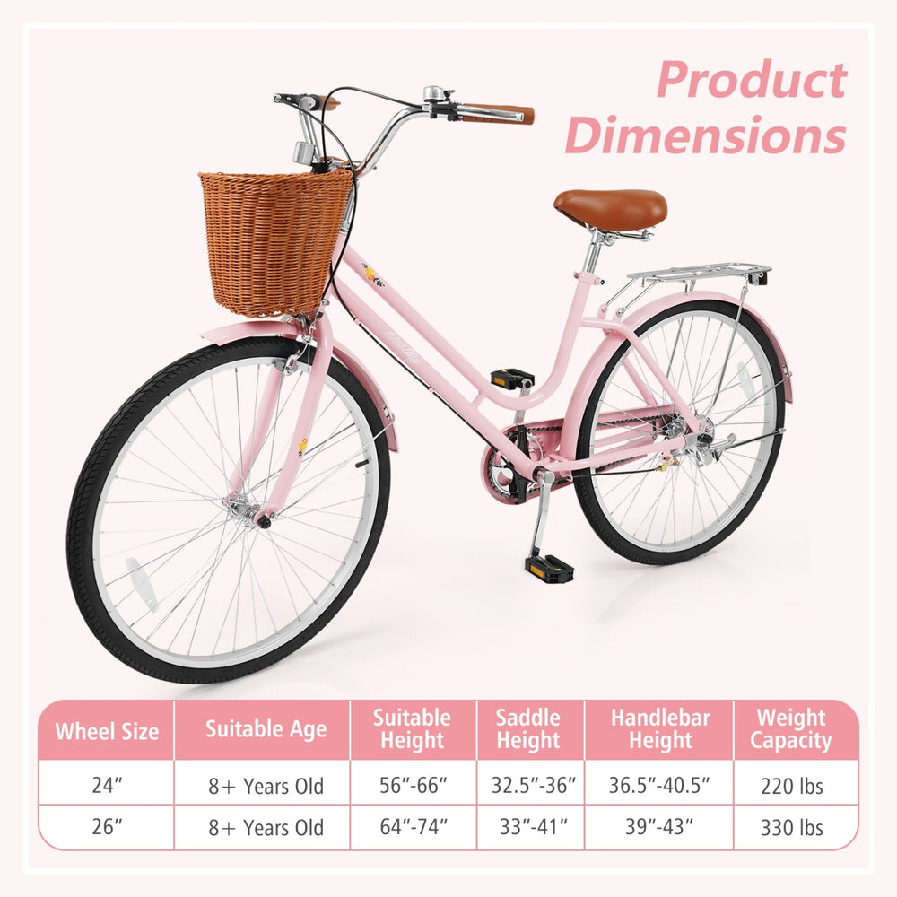 26-inch pink beach cruiser bike for women with woven basket, rear rack, and ergonomic seat for comfortable riding.