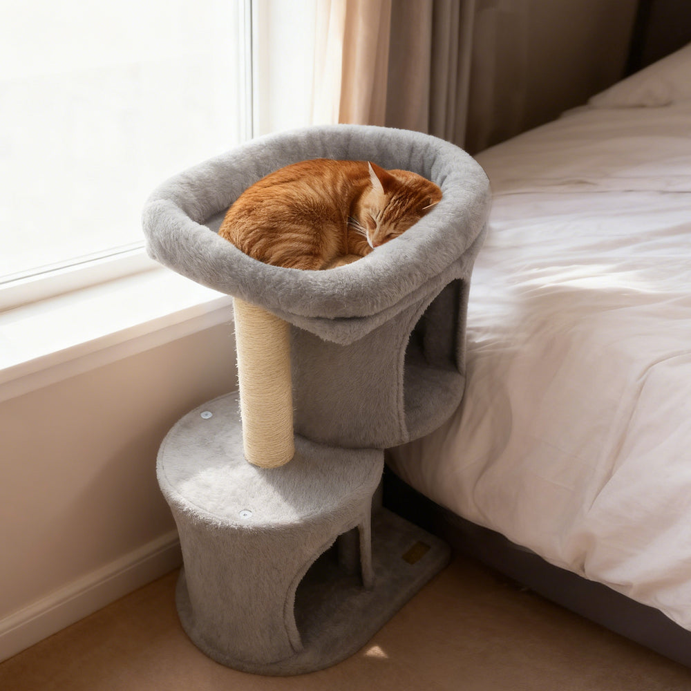 26 Inch Cat Tower with Large Padded Push Perch and Dual Condos-Light Gray - Gallery View 1 of 10