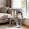 Cat tower in light gray featuring dual condos, large padded perch, and sisal scratching post for multi-cat households.