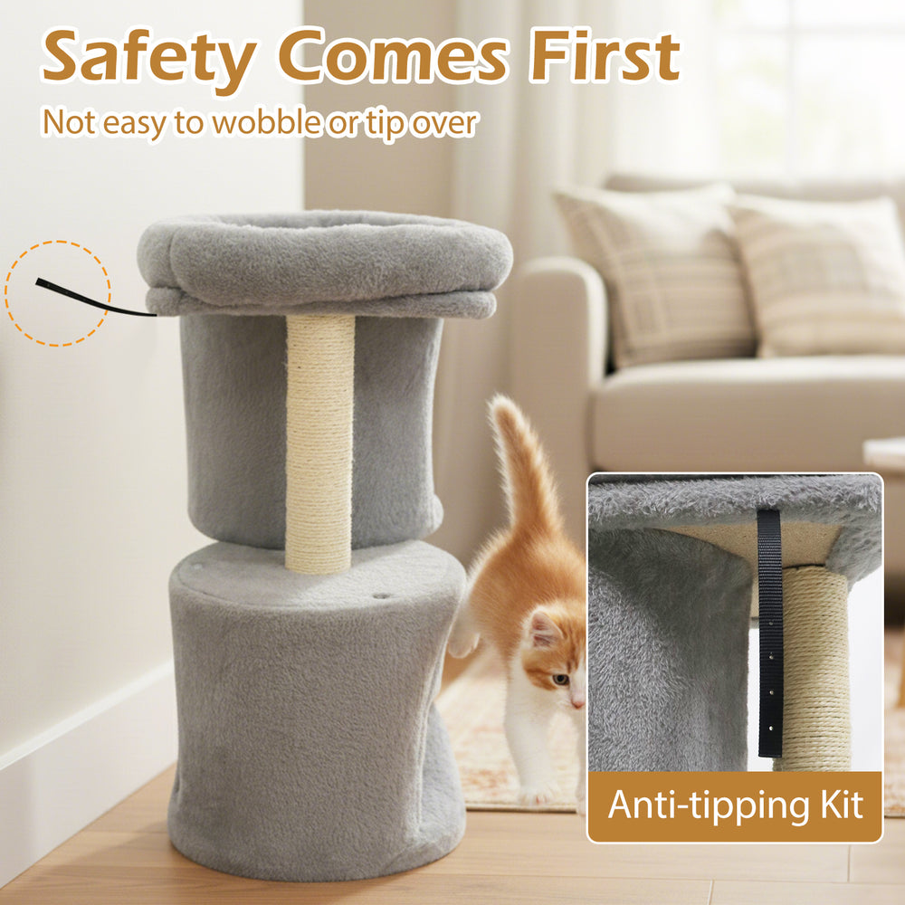 Light gray 26-inch cat tower featuring a large padded perch, dual condos, and an anti-tipping kit for stability.
