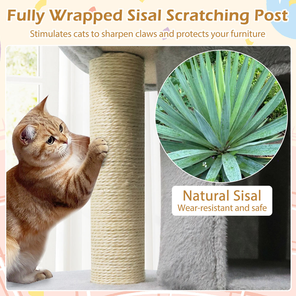 Sisal scratching post on a cat tower, promoting claw sharpening and furniture protection, ideal for multi-cat.