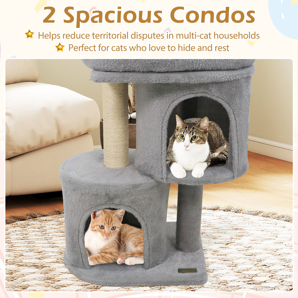 Cat tower featuring two spacious condos and a large padded perch, designed for multi-cat households in light gray.