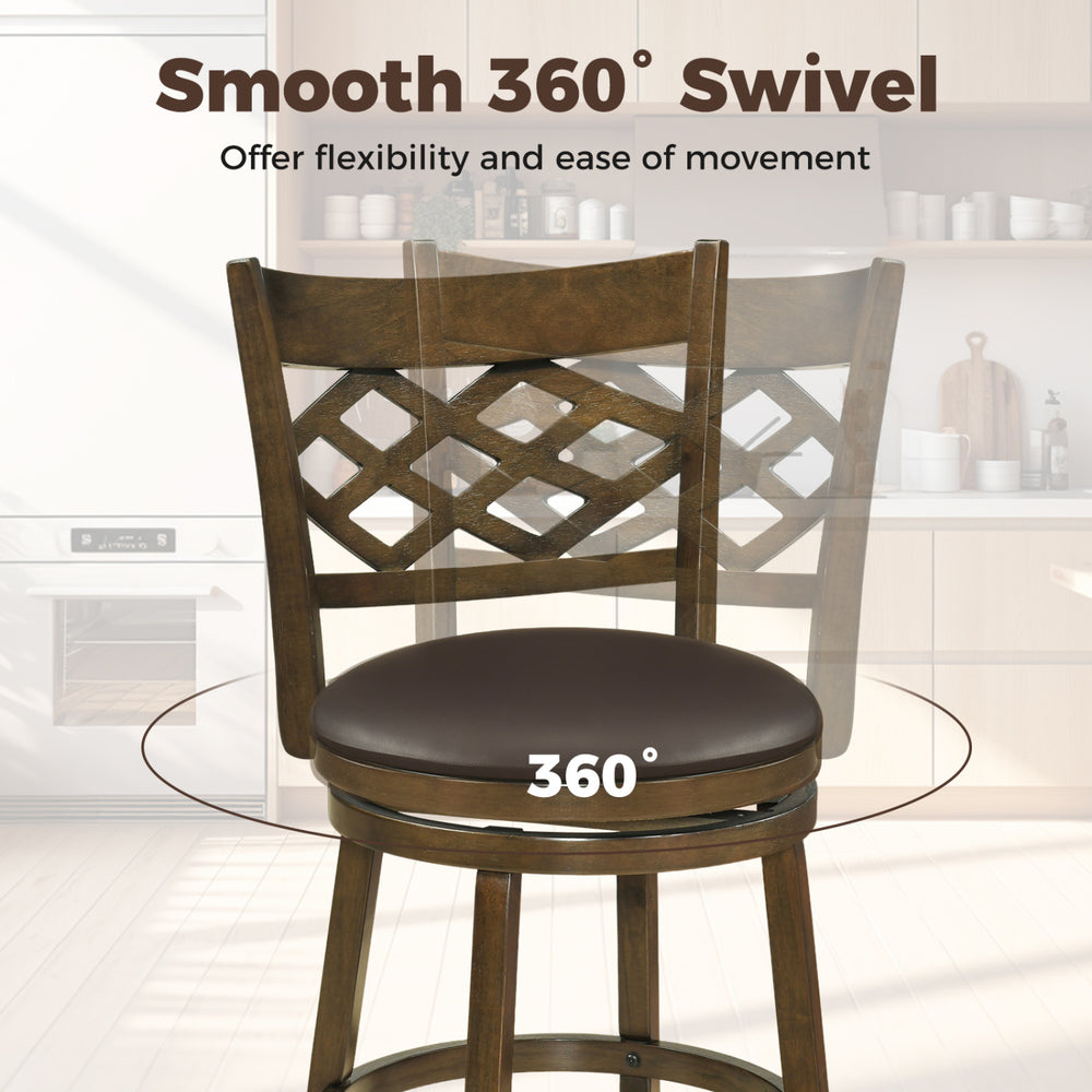 26-inch counter height bar stool with 360° swivel seat, rubber wood frame, and curved backrest for kitchen islands.