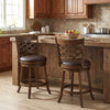 Set of 2 counter height bar stools with 360° swivel seats, rubber wood frame, and curved backrests for kitchen use.