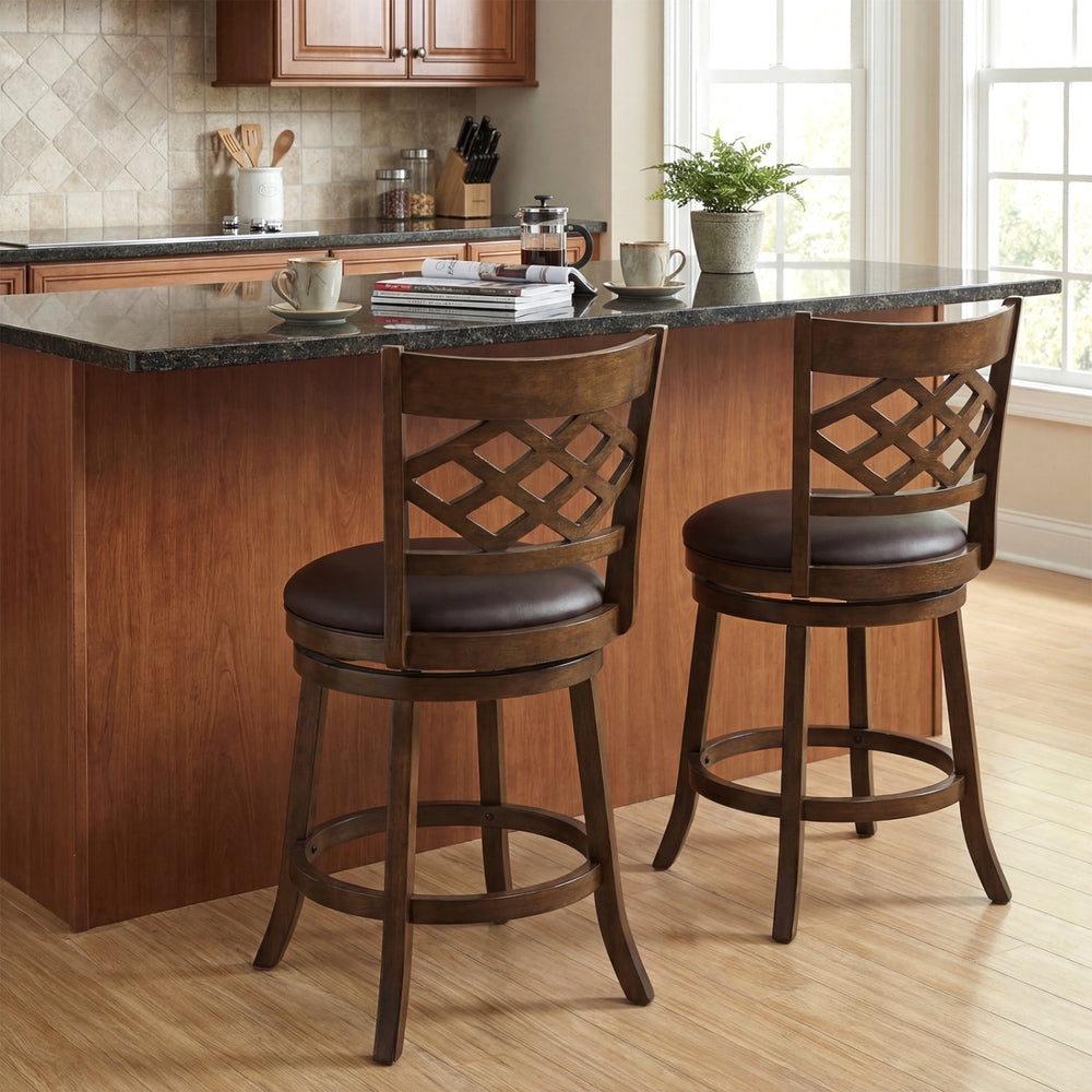 Set of 2 counter height bar stools with 360° swivel seats, rubber wood frame, and comfortable PVC leather for kitchen.