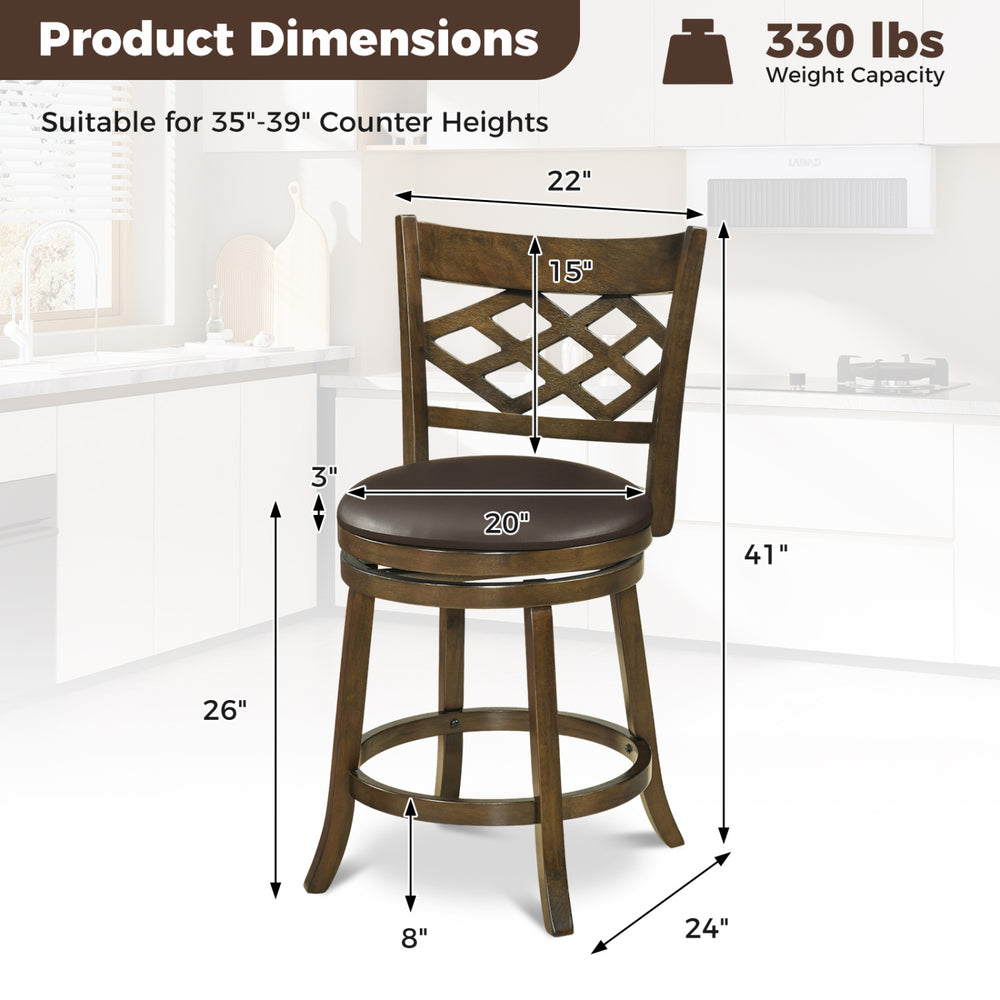 26-inch counter height bar stool with rubber wood frame, 360° swivel seat, and curved backrest for kitchen islands.