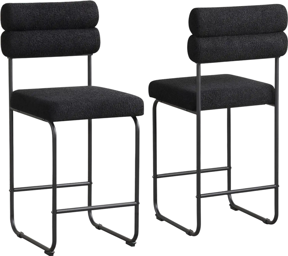Set of 2 black counter height bar stools with ergonomic backrest and footrest, perfect for kitchen islands or dining.