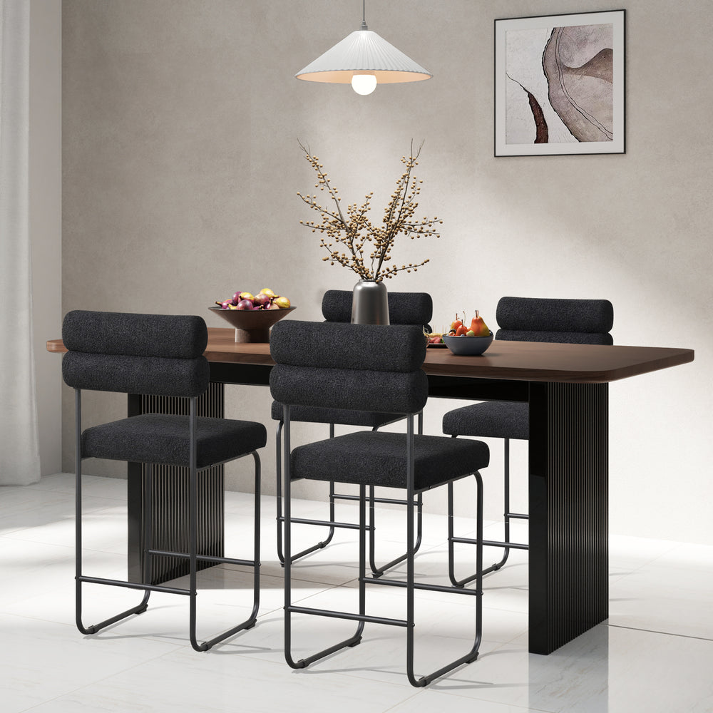 Counter height bar stools with black metal frame and teddy fabric upholstery, ideal for kitchen islands or dining rooms.