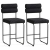 Set of 2 black counter height bar stools with metal frame, teddy fabric upholstery, and ergonomic backrest for kitchen.