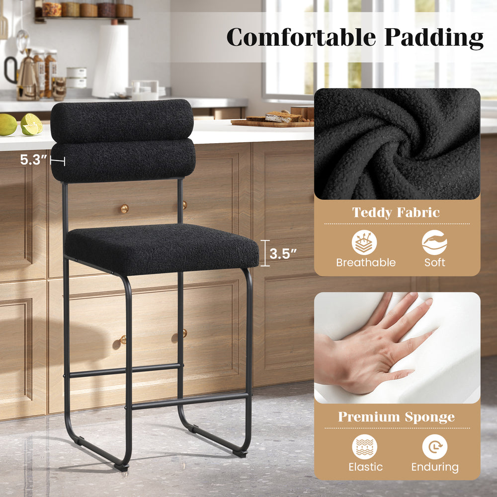 Counter height bar stool set of 2 in black with teddy fabric, ergonomic backrest, and metal frame for kitchen use.