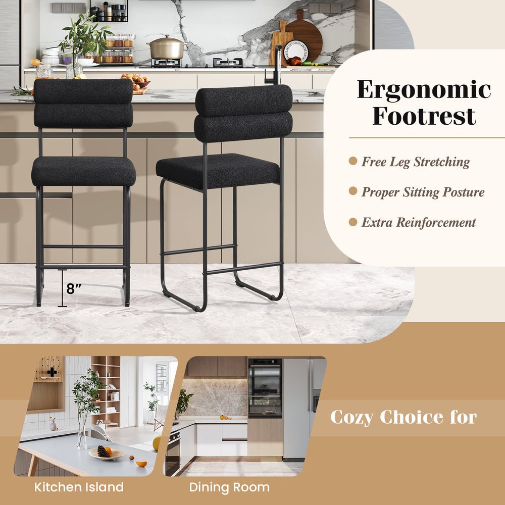 Set of 2 black 26-inch counter height bar stools with ergonomic footrest, ideal for kitchen island or dining room.