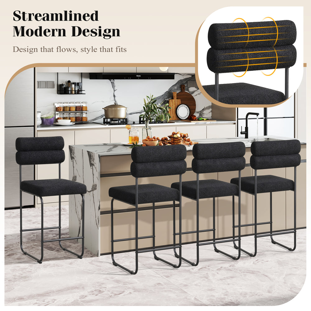 Set of 2 black counter height bar stools with metal frame, ergonomic backrest, and footrest for kitchen or dining use.