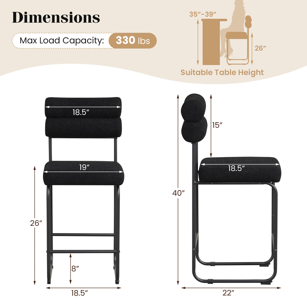 Counter height bar stools set of 2 in black with metal frame, featuring ergonomic backrest and footrest for comfort.