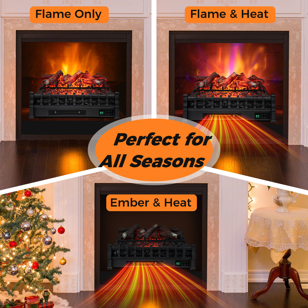 26-inch electric fireplace heater with realistic lemonwood ember bed, showcasing flame modes for all seasons.