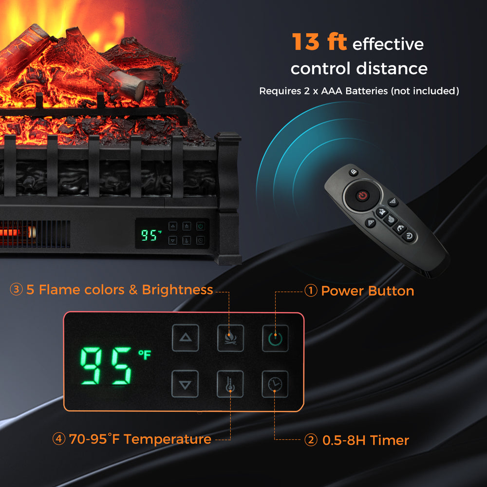Remote control for the 26 Inch Electric Fireplace Heater, featuring 5 flame colors and adjustable brightness settings.