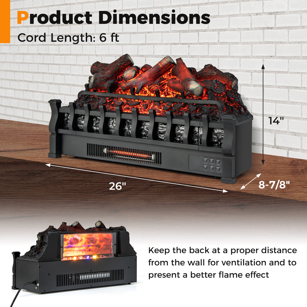 26-inch electric fireplace heater with realistic lemonwood ember bed, featuring remote control and adjustable flame.