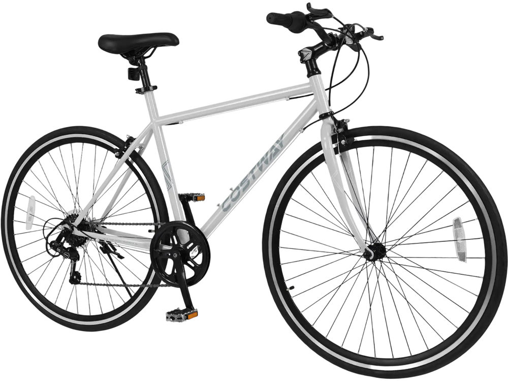 26-inch gray mountain bike with 6-speed gear, all-terrain rubber wheels, and adjustable saddle for versatile riding.