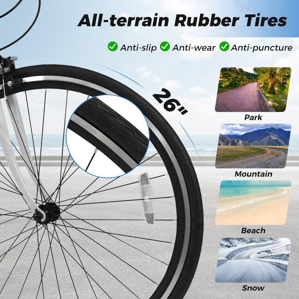 26-inch all-terrain rubber tire on a mountain bike, designed for urban and off-road cycling adventures.