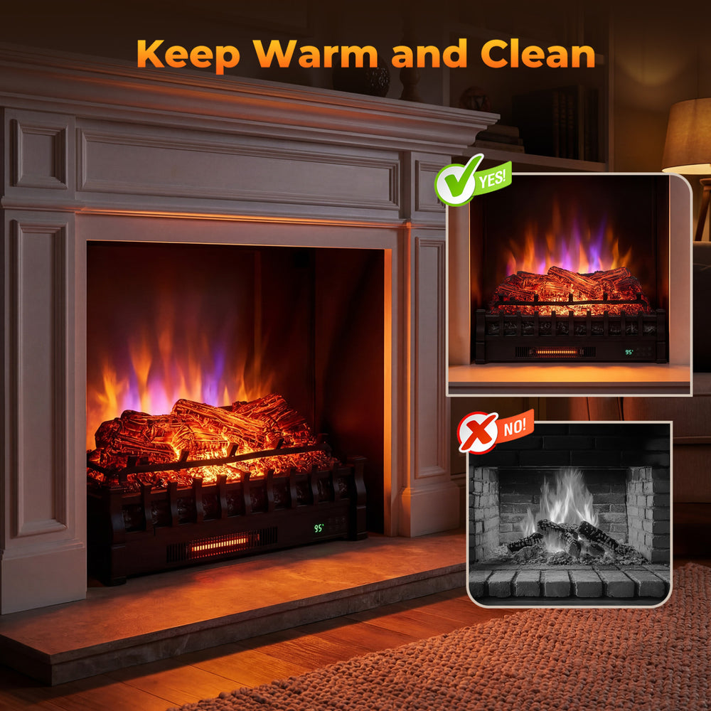 26-inch WiFi infrared quartz electric fireplace insert with realistic logs, customizable flames, and 1500W heating.