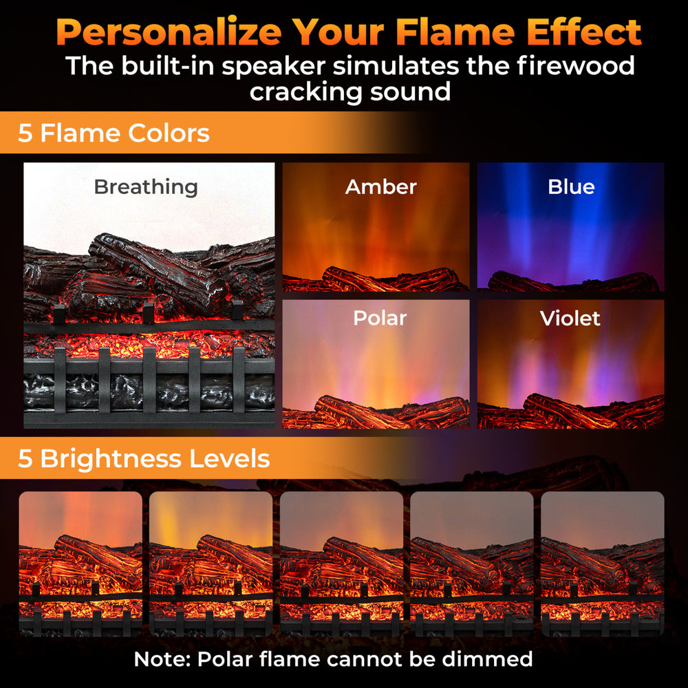 Realistic pinewood logs in the 26-inch electric fireplace insert with customizable flame colors and brightness settings.